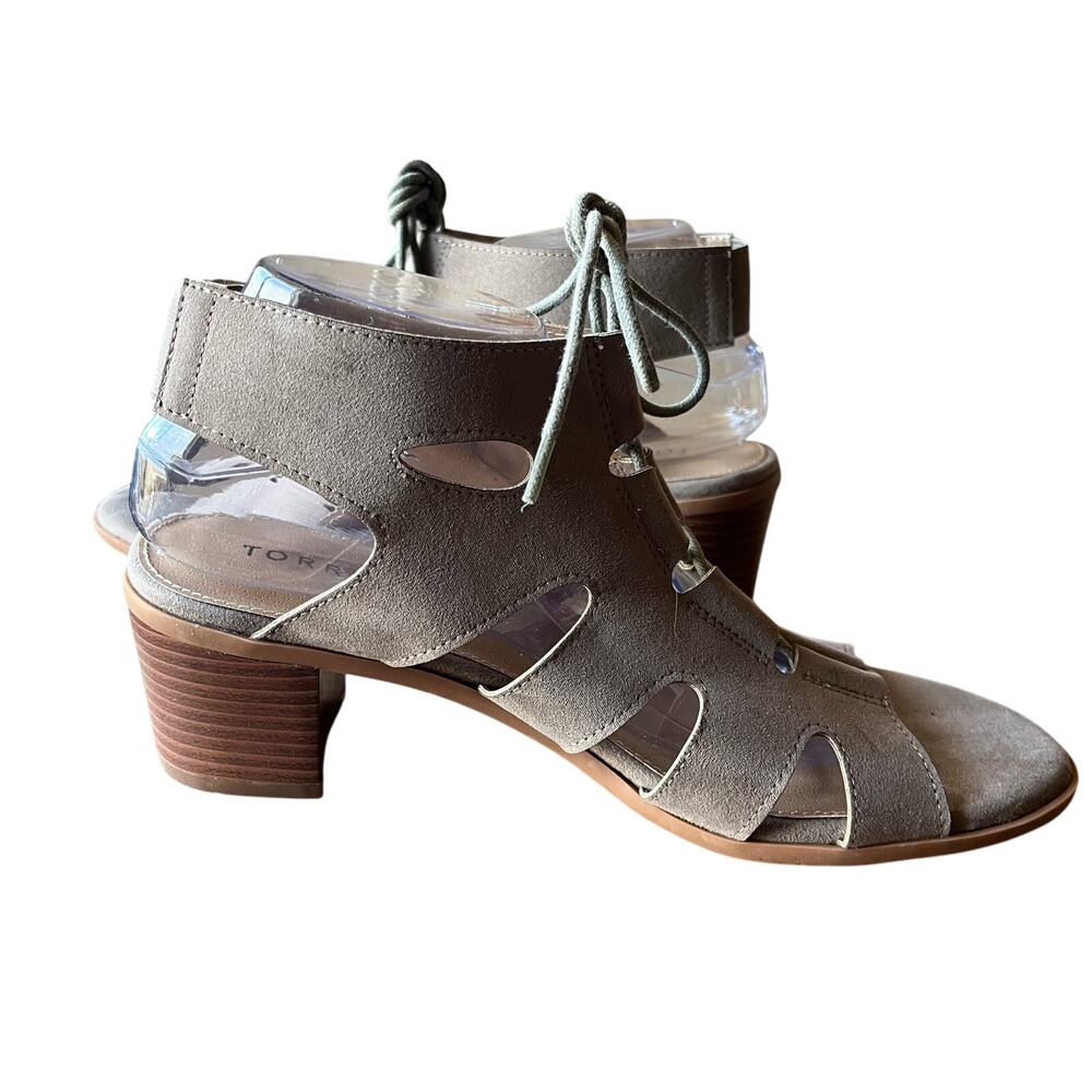 Torrid Block Heel Sandals Size 9.5W Wide Taupe Strappy Lace-Up Boho Prairie - Picture 6 of 9